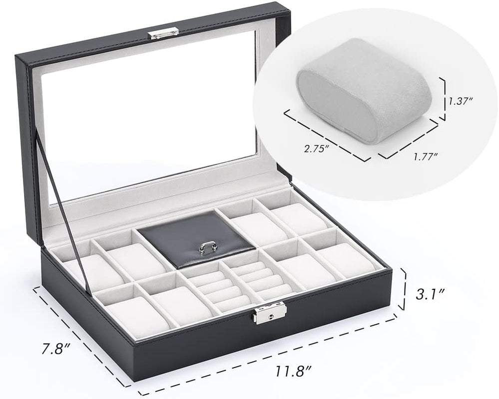 Watch Box, 8 Slots Lockable Leather Watch Case Organizer with Ring Storage for Women Men, Black