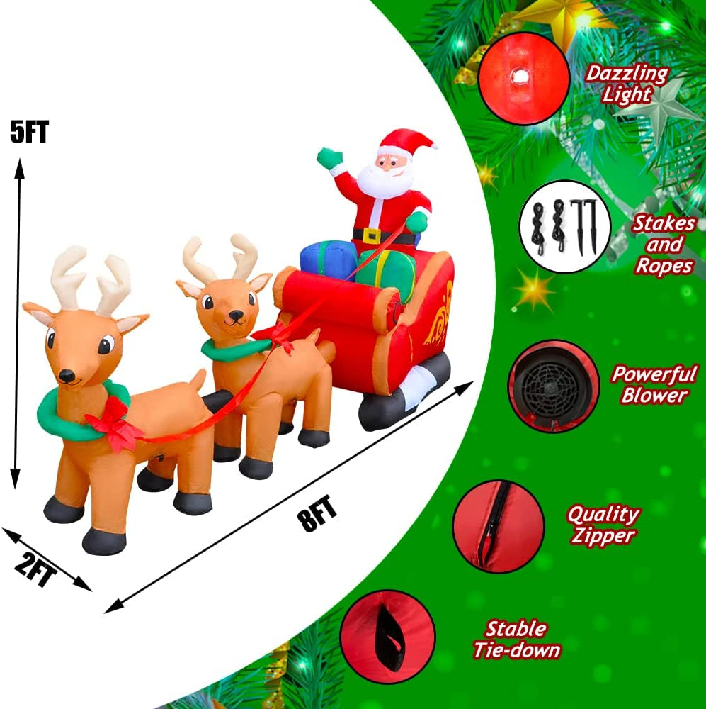 8 Ft Inflatable Christmas Reindeer Pull the Sleigh Take Santa Claus Xmas Decoration for Yard Lawn Garden Home Party Indoor Outdoor