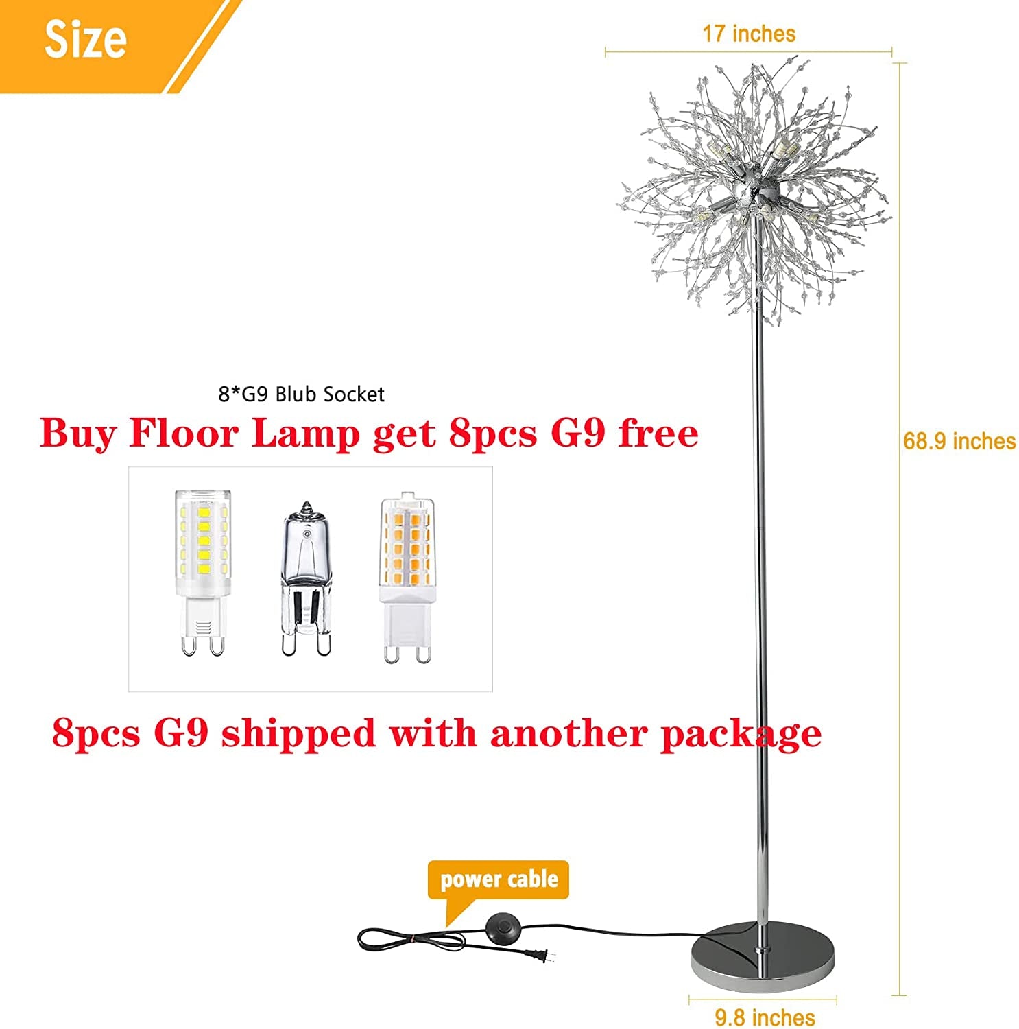 Crystal Floor Lamp for Bedroom and Living Room, Elegant Standing Lamp with 8 Lights and 63" Tall Pole, Modern Floor Lamp for Room Decor with 32 Firework Crystal Harnesses