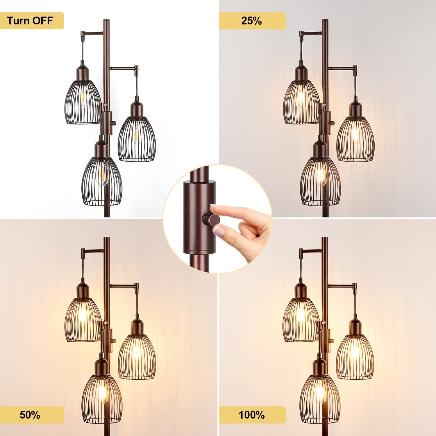 Industrial Floor Lamps for Living Room, Brown Tree Lamp with 6W LED Bulbs for Living Room Office Bederoom
