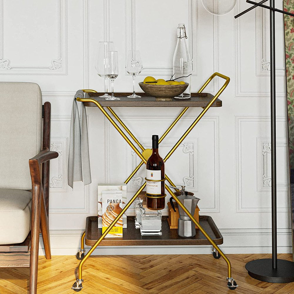 Bar Cart with Wine Rack, 2 Tier Kitchen Cart on Wheels Industrial Coffee Cart, Liquor Cart with Glass Holders for Kitchen Living Room, Brown/Brass
