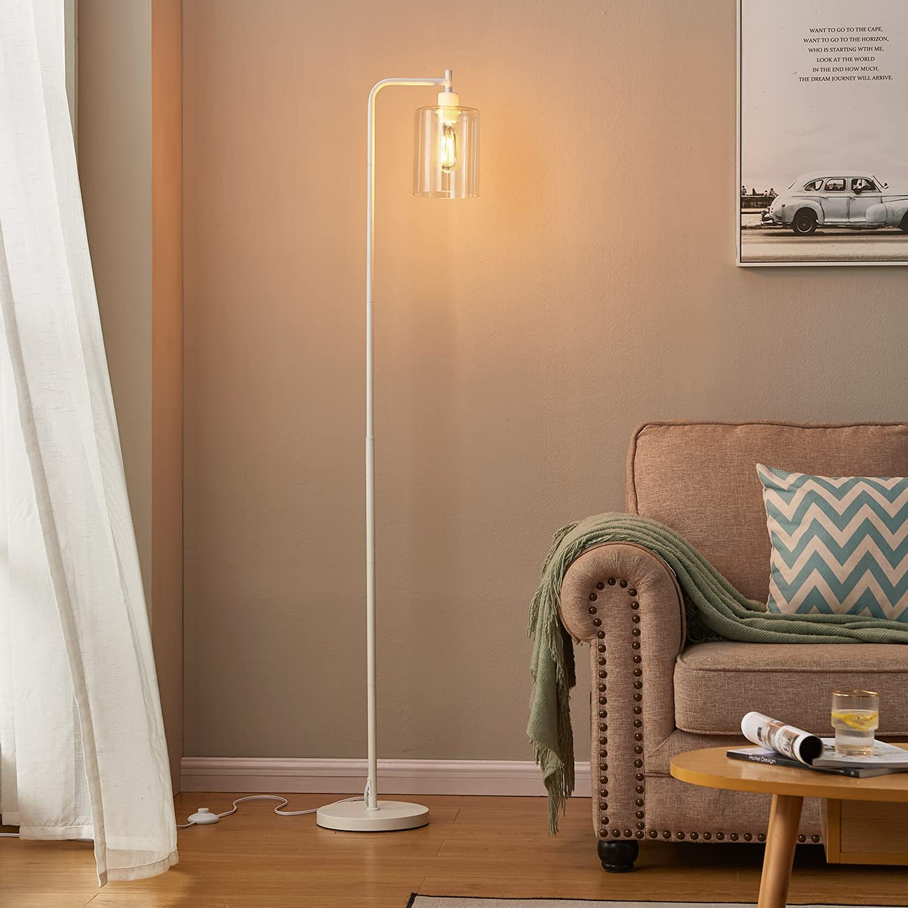 White Tall LED Floor Lamp Included Bulb, Modern Standing Lamp with Hanging Glass Shade, Indoor Simple Floor Lamp, Industrial Pole Light for Living Room, Bedroom, Office, Home Decor