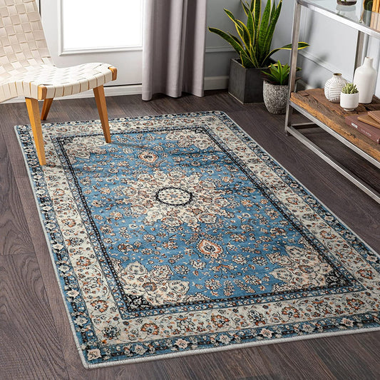 Oriental Floral Medallion Area Rug - 3X5 Blue Persian Distressed Entry Throw Rug Vintage Faux Wool Indoor Accent Rug Non-Slip Washable Low-Pile Carpet for Entrance Living Dining Room Bedroom