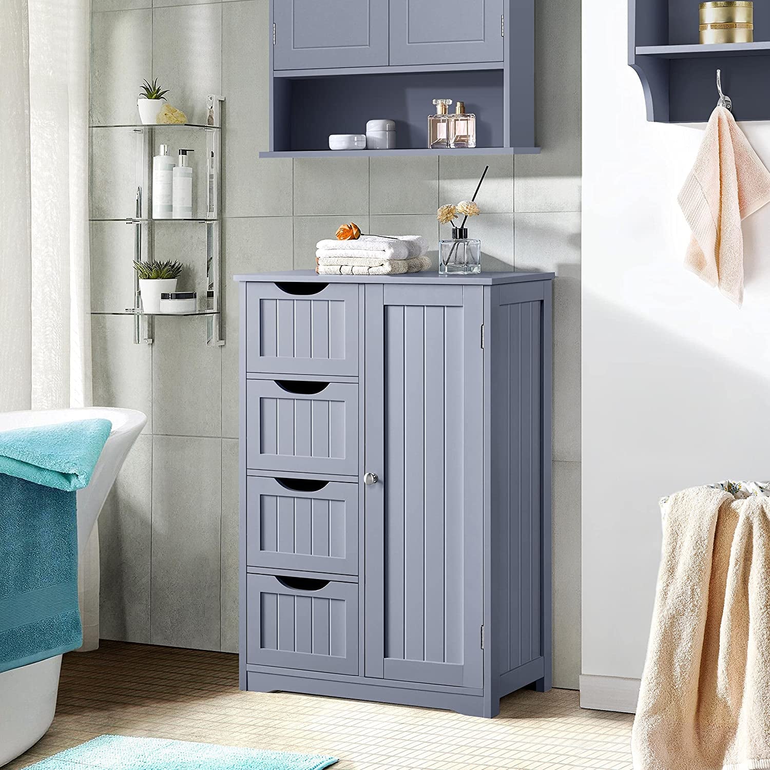 Bathroom Floor Cabinet, Freestanding Storage Oragnizer Unit Kitchen Cupboard W/ 4 Drawers & Adjustable Shelves, Using for Living Room/Kitchen/Bathroom, Gray
