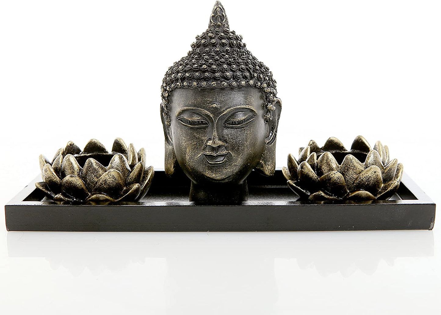 ® Lotus Tea Light Candle Holders with Buddha Head Sculpture and Wood Display Tray