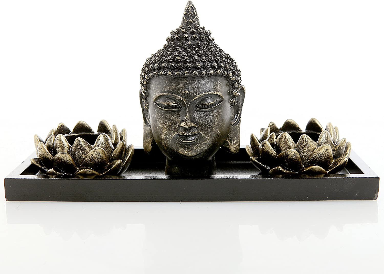 ® Lotus Tea Light Candle Holders with Buddha Head Sculpture and Wood Display Tray