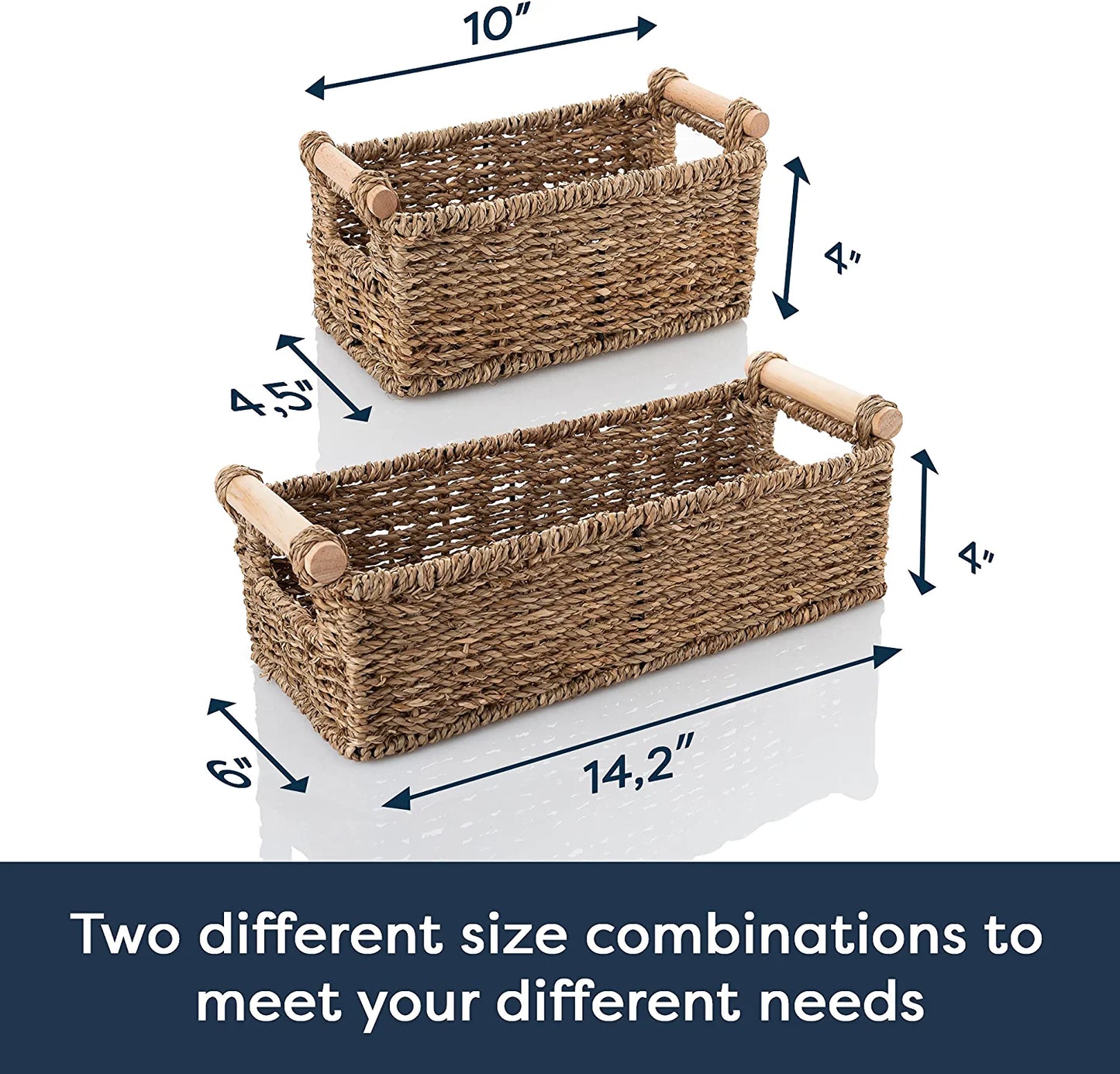 Wicker Storage Basket for Toilet Paper – Set of 2 Toilet Paper Holder for Bathroom Organization – Premium Wooden Handles and Durable Seagrass Design – Versatile Bathroom Counter Organizer