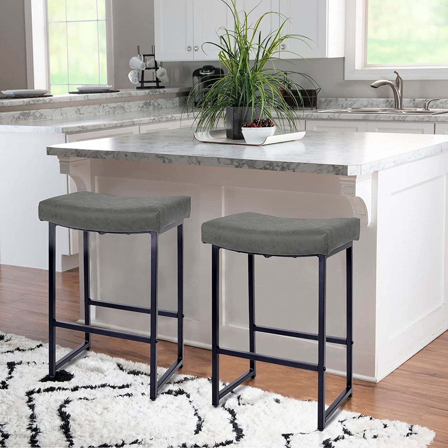Grey Bar Stools Set of 2 Counter Height 24 Inches Saddle Stools for Kitchen Counter Backless Modern Barstools Upholstered Faux Leather Stools Farmhouse Island Chairs, Grey, 2Pcs