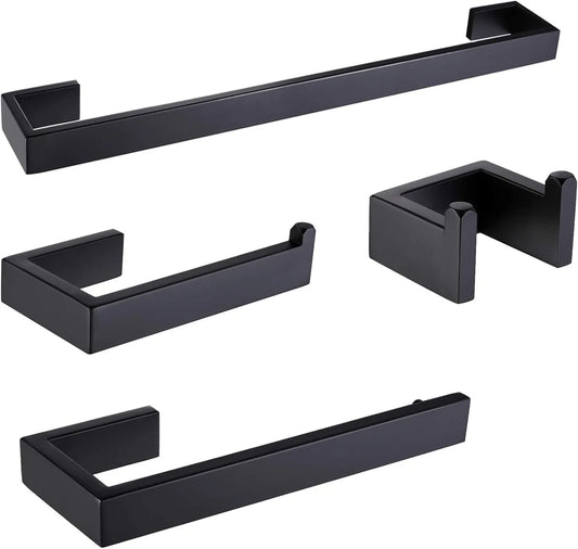 Premium Stainless Steel 4 Pieces Bathroom Hardware Accessories Set Wall Mounted Towel Bar Towel Holder Robe Hook Toilet Paper Holder ， Matte Black