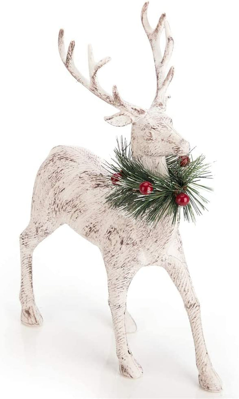 Reindeer Christmas Decoration Christmas Deers 12'' Standing Reindeer Decorations Christmas Deer Figurines Ornament Figurines with Red Berry Stem Pine Wreath, Indoor Tabletop Decorative
