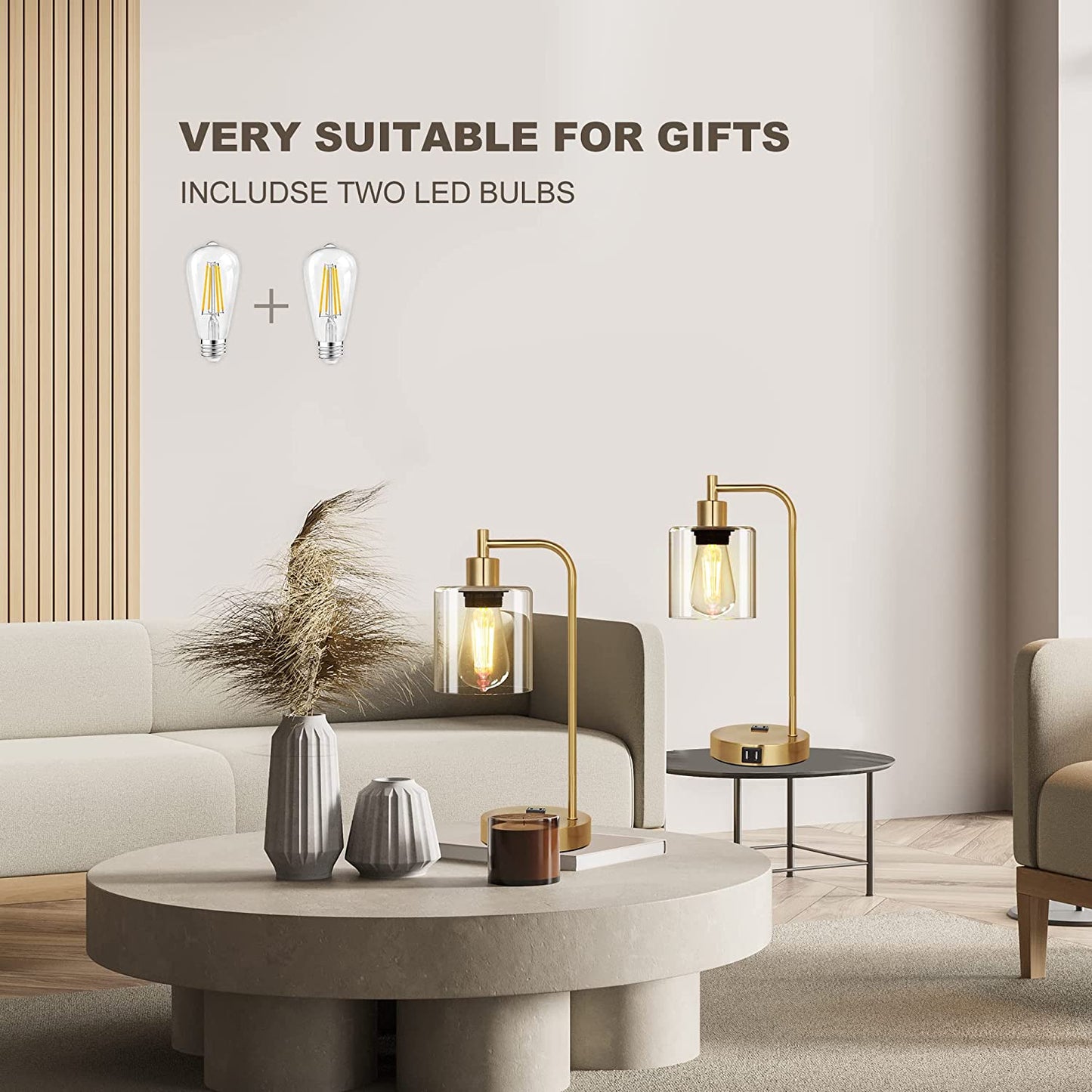 Set of 2 Industrial Touch Control Table Lamps with 2 USB Ports and 2 AC Outlets, 3-Way Dimmable Bedside Nightstand Reading Lamps with 2700K LED Bulbs, Glass Desk Lamp for Living Room,Bedroom