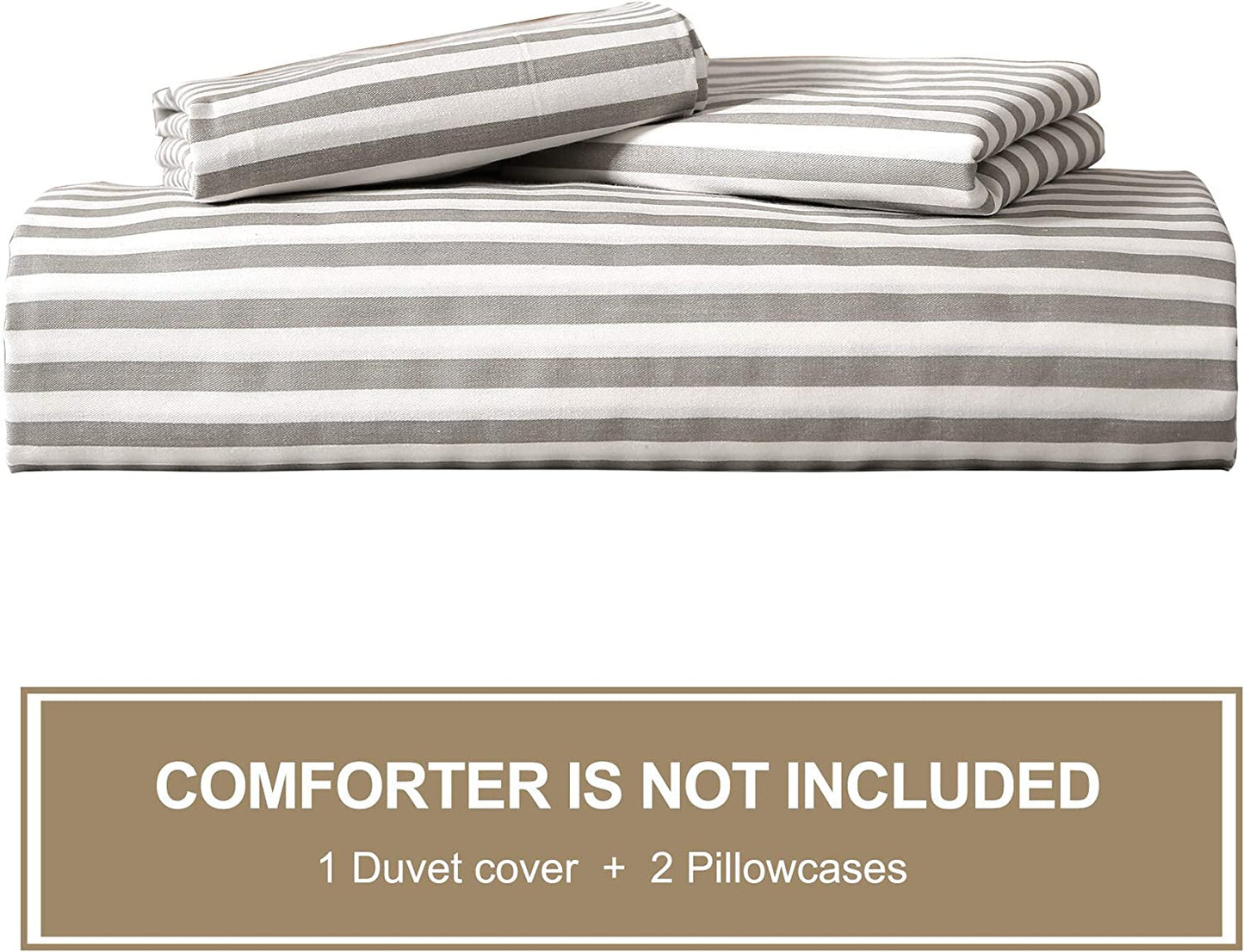 100% Natural Cotton 2Pcs Striped Duvet Cover Sets,White Duvet Cover with Grey Stripes Pattern Printed Comforter Cover,With Zipper Closure & Corner Ties(Twin Size)