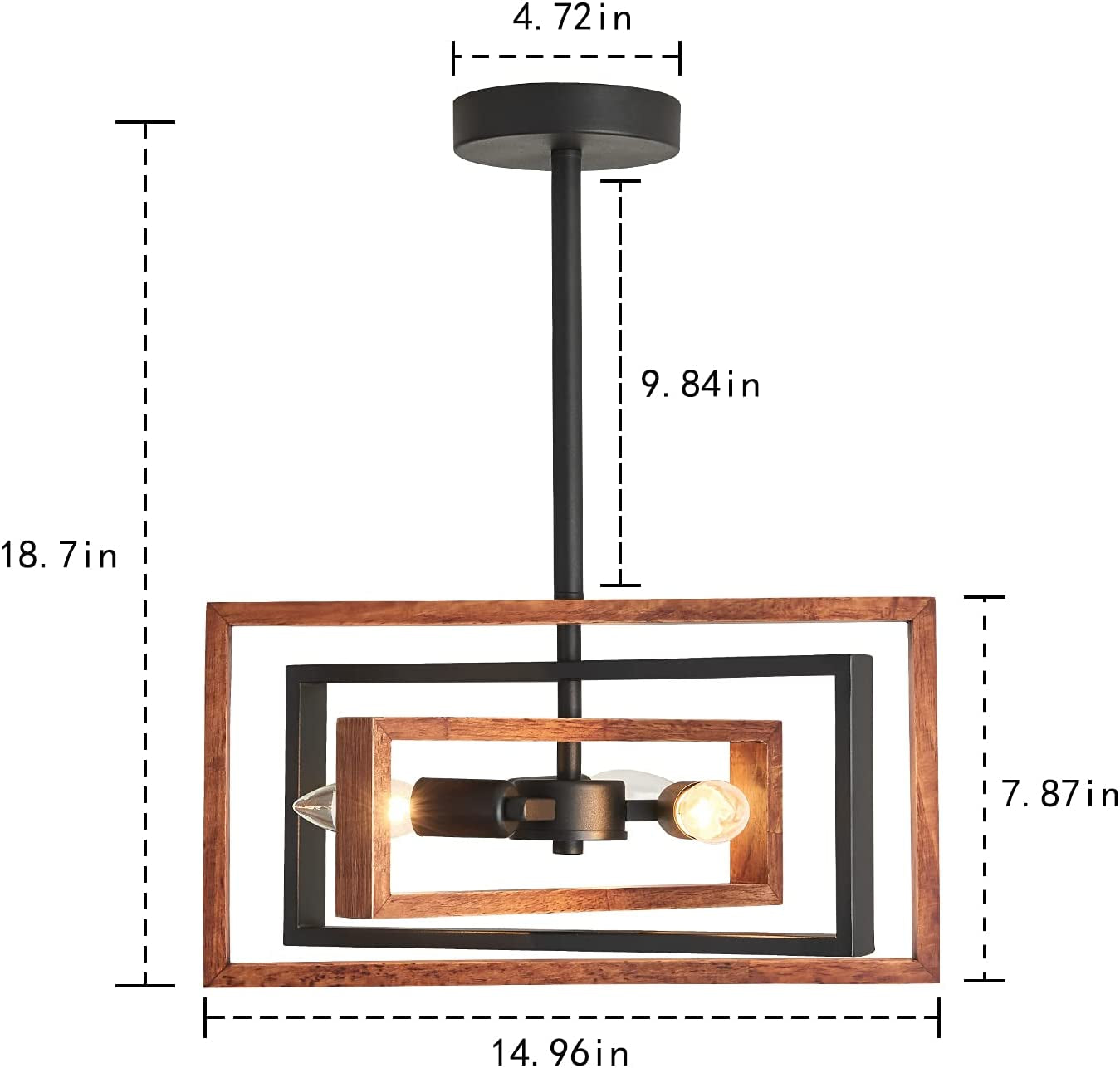 3 Light Rotatable Ceiling Lights Industrial Farmhouse Semi Flush Mount Ceiling Light Fixture with Adjustable Framework Black Metal and Wood for Hallway Living Room Bedroom Kitchen Entryway