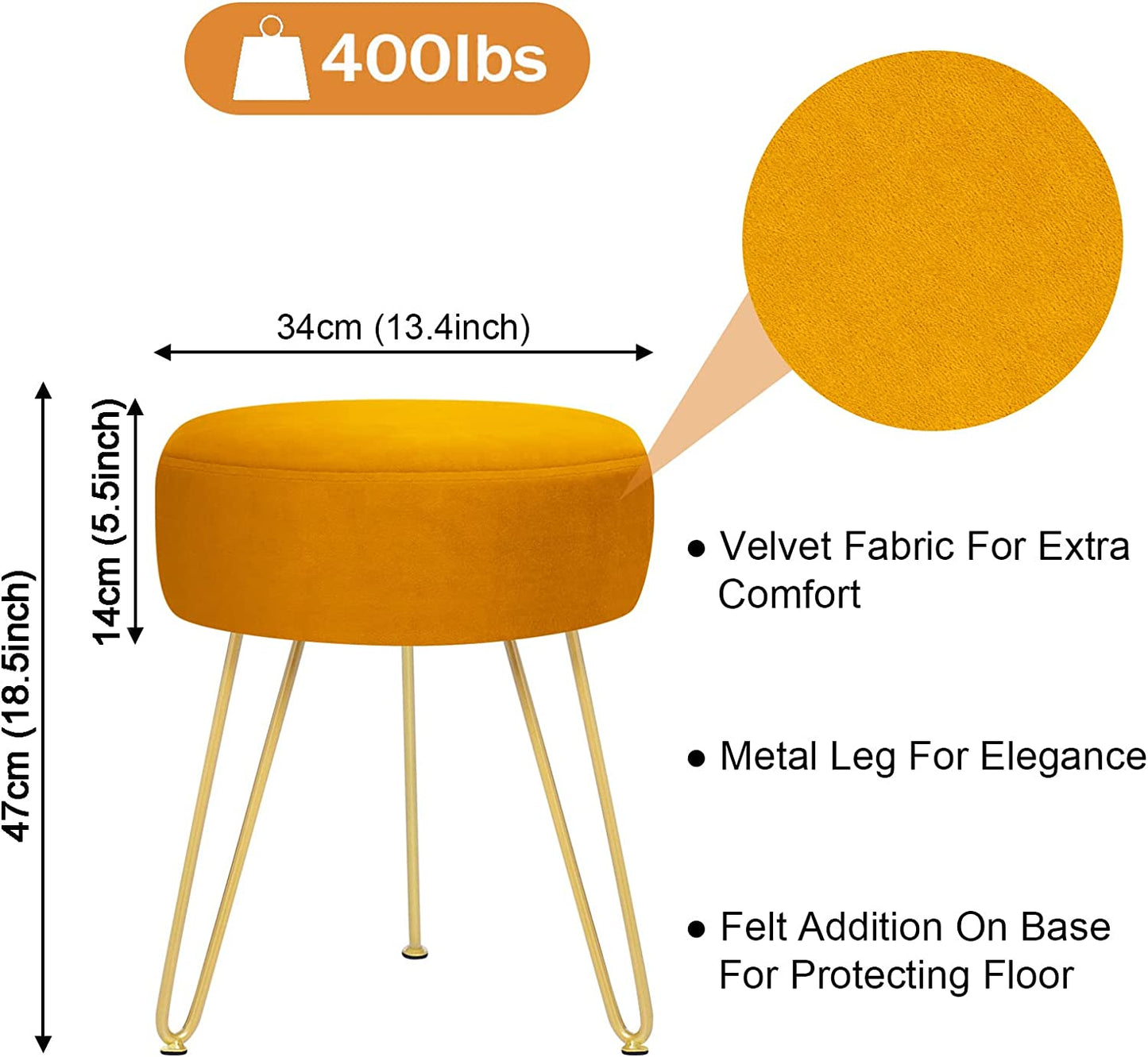 Multifunctional Vanity Stools - Velvet round Ottoman Modern Dressing Stool -Upholstered Footrest Stool - Side Table Footstool with Golden Metal Leg for Living Room, Bedroom(Pumpkin Orange)