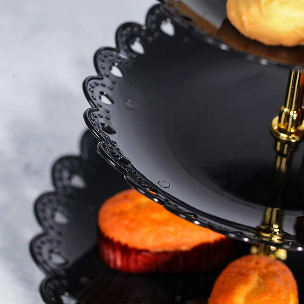 Black round Plate 3 Tiered Serving Stand Tray Cake Stands Cupcake Holder Dessert Stand Table Decorations for Party Kids Birthday Tea Party Baby Shower