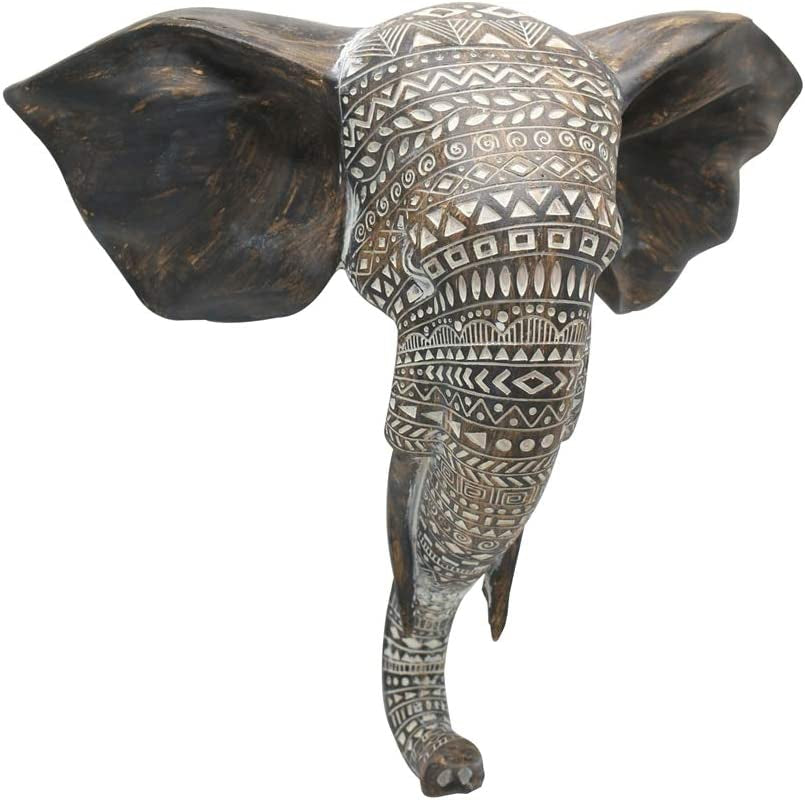 OTARTU African Elephant Wall Bust Sculpture 11" Tall Carved Noble Elephant Head Hanging Wall Decor Art Wooden Color (Elephant)