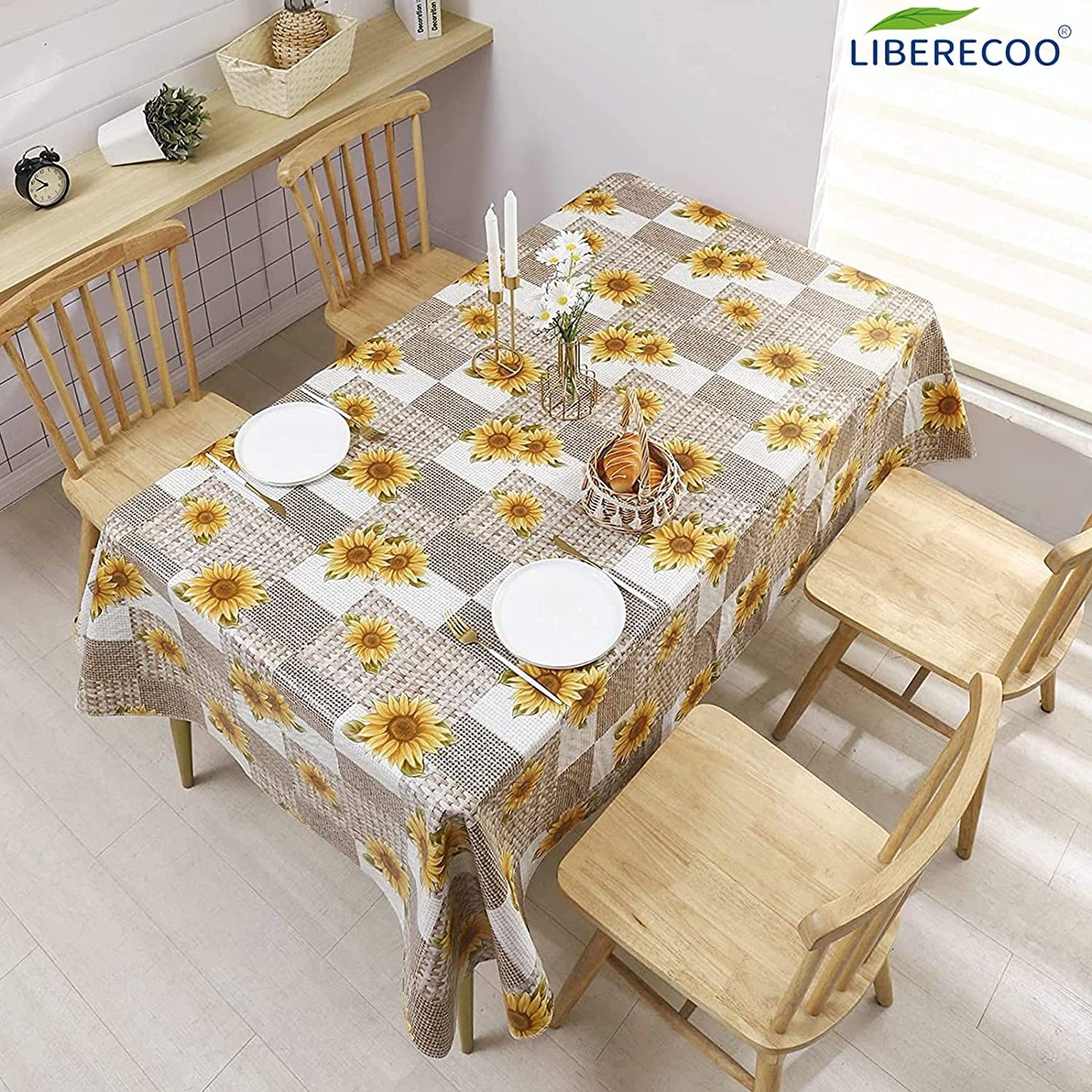 Vinyl Tablecloth Flannel Backed Stain-Resistant PVC Table Cloth Waterproof Oil-Proof Wipeable Indoor/Outdoor Picnic, BBQ and Dining Table Cover(60 X 84 Inch, Sunflower)