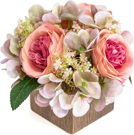 Queen BEE Artificial Silk Flowers in Vase. Fake Pink Roses 3 Heads and Hydrangeas with Ceramic Vase for Home, Wedding, Bathroom Decor. Nightstand Decoration. Home Accent, Small 7" (Pink Rose)