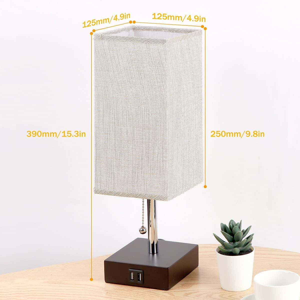 Bedside Table Lamp - Pull Chain Table Lamp with 2 USB Charging Ports, Solid Bedroom Lamps with Gray Fabric Shade Nightstand Light for Living Room, Office, Reading (LED Bulb Included)