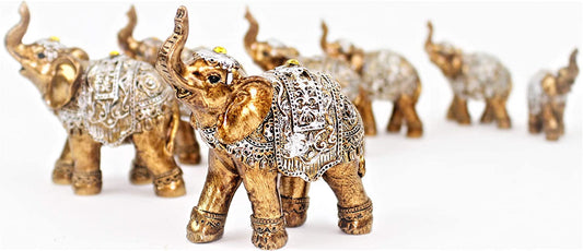 Set of 7 Lovely Lucky Elephants Statues Feng Shui Figurine Home Decor Housewarming Birthday Display Stands (Brass)