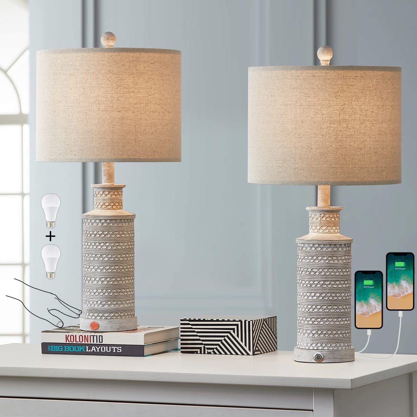3-Way Dimmable Touch Control Table Lamp Set of 2 with Dual USB Charging Ports for Bedroom Living Room Vintage Rustic Farmhouse Traditional Nightstand Bedside Lamps(Bulbs Included)