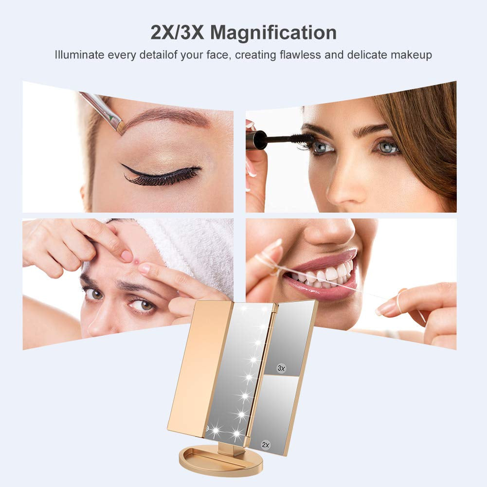 Makeup Mirror with 21 LED Lights,Two Power Supply, Touch Screen and 1X/2X/3X Magnification Tri-Fold Vanity Mirror , Gift for Women(Gold)