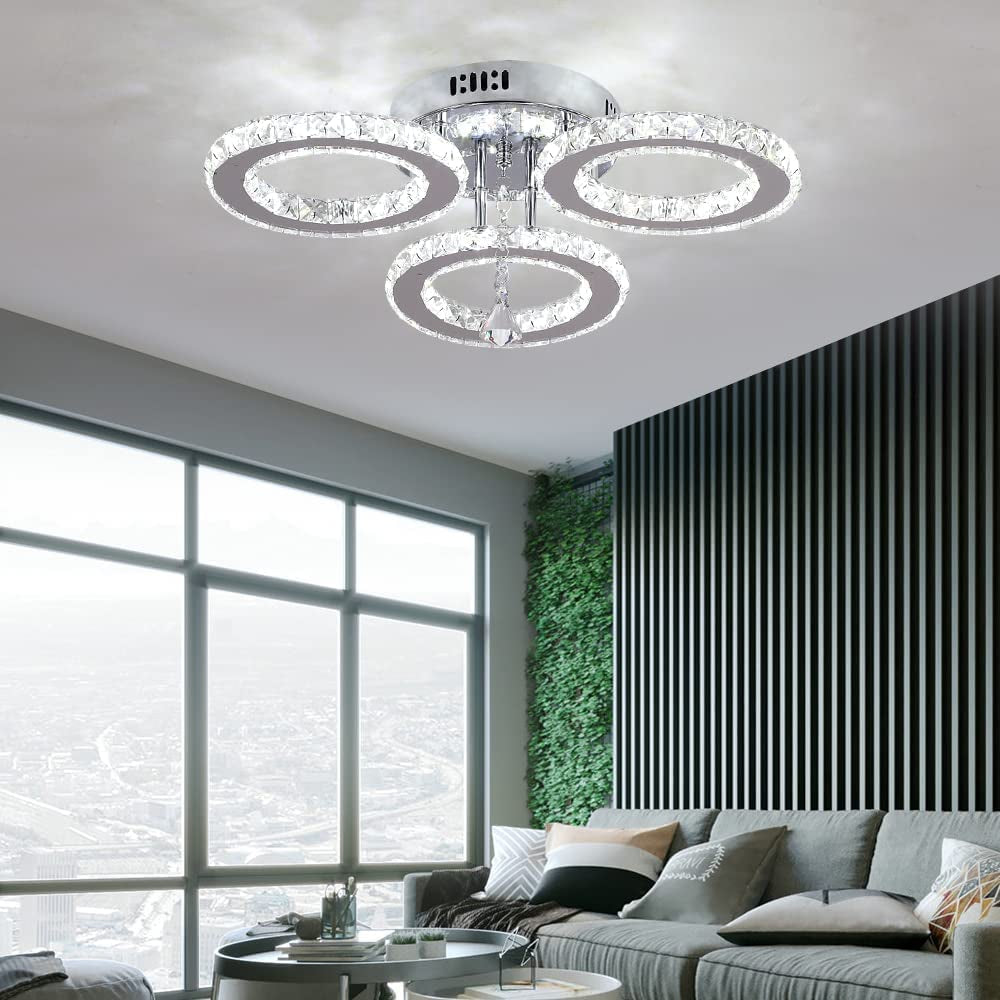 Deckrico Modern Crystal Chandelier Flush Mount Stainless Steel Pendant Ceiling Lamp 3-Rings round LED Light Fixtures for Living Room Bedroom Restaurant Porch Dining Room (Cool White)