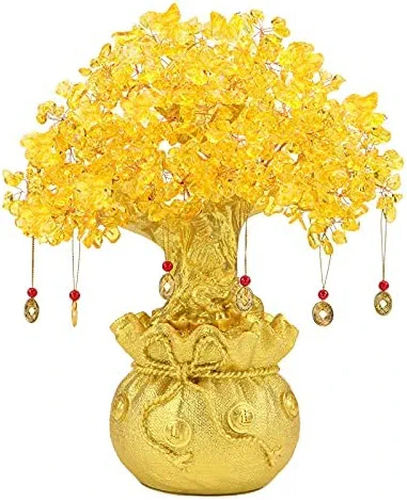 Feng Shui Citrine/Yellow Crytal Money Tree with Chinese Dragon Pots