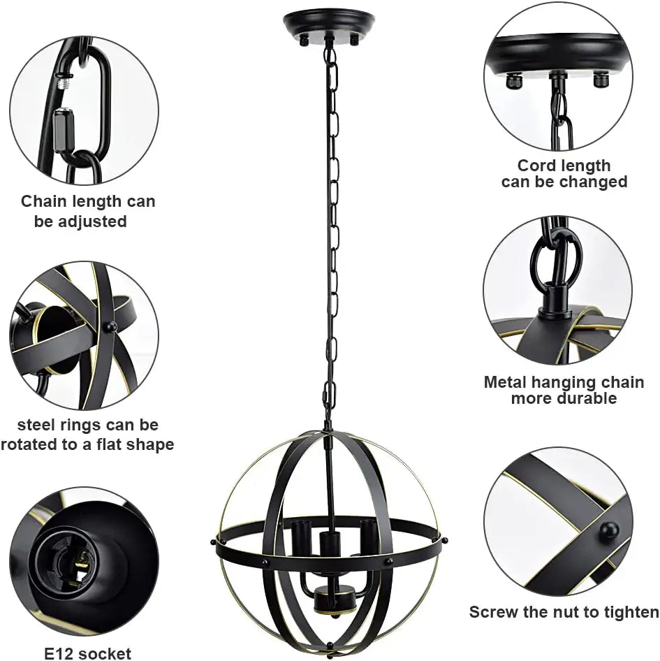 DLLT Chandelier Farmhouse Hanging Lighting, 3 Lights Globe Ceiling Light Fixture, Metal Swag Pendant Lighting for Kitchen, Dining Room, Living Room, Hallway, Bedroom, Entryway, E12 Base Gold