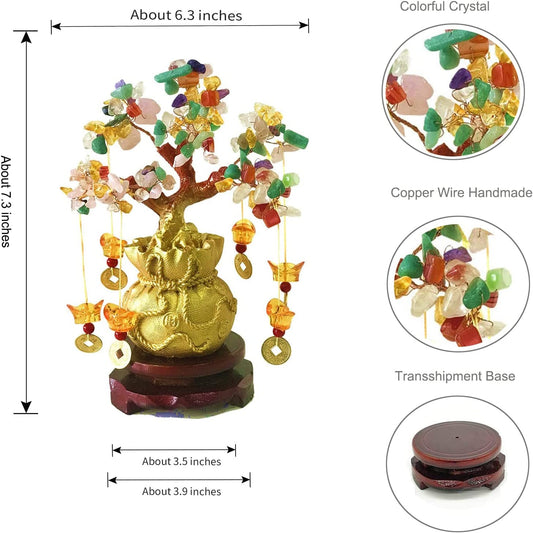 Money Tree, Chinese Tabletop Decorations, Feng Shui Artificial Bonsai Tree Lucky Tree Bonsai Style with 2Pcs Nano Glue for Wealth and Good Luck (Colorful)