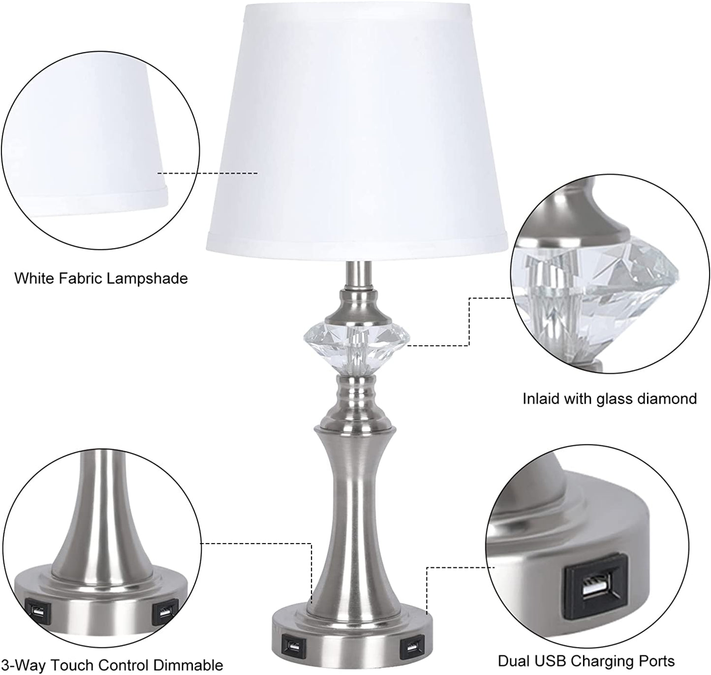 Modern Dimmable Table Lamps for Living Room Set of 2, 20" Touch Control Bedside Lamp with USB Charging Ports, Farmhouse Lamp for Nightstand with Fabric Shade for Bedroom, Bulbs Included(5000K)