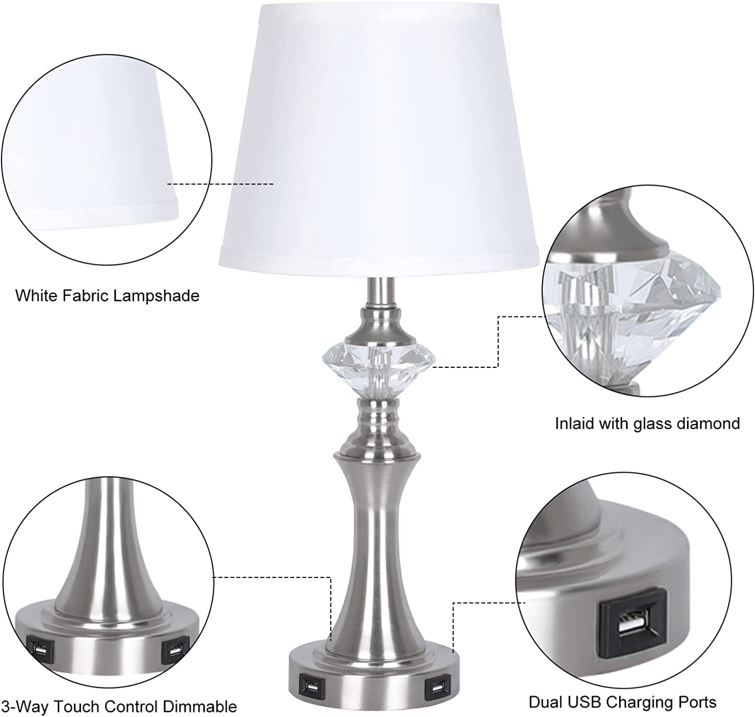 Modern Dimmable Table Lamps for Living Room Set of 2, 20" Touch Control Bedside Lamp with USB Charging Ports, Farmhouse Lamp for Nightstand with Fabric Shade for Bedroom, Bulbs Included(5000K)