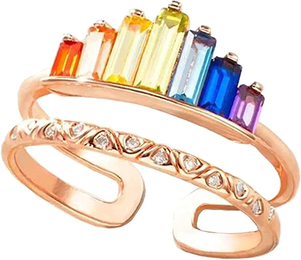 Rainbow Ring Double Band, Adjustable Wide Band Stacking Rainbow Rings for Women, Adjustable Opening