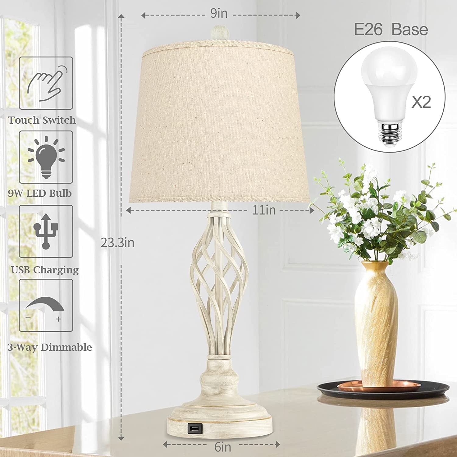 Table Lamps Bedside Lamp Set of 2,  Traditional Rustic Farmhouse Touch Lamps 3-Way Dimmable Retro Nightstand Lamps with USB Port Ivory Spiral Cage Design Base Drum Shade for Bedroom