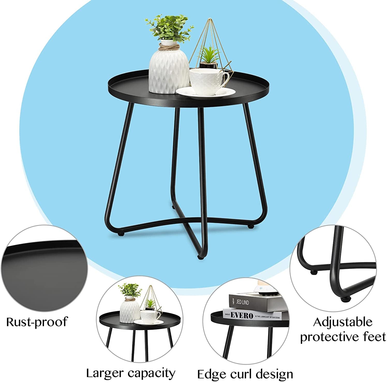 Outdoor Side Tables, Weather Resistant Steel Patio Side Table, Small round Outdoor End Table Metal Side Table for Patio Yard Balcony Garden Bedside Black