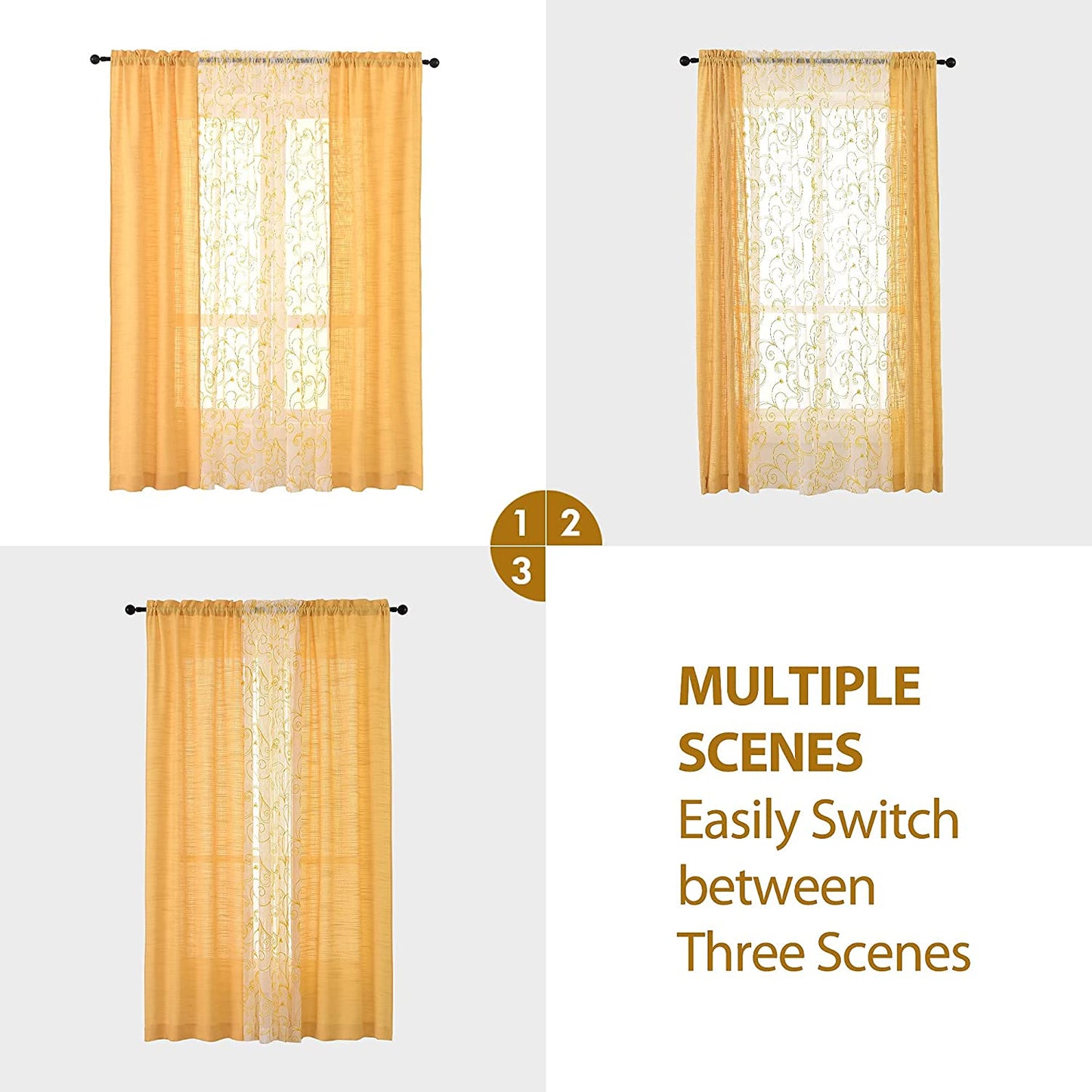 2 Embroidery Floral Semi Sheer Curtains and 2 Burlap Privacy Curtains for Windows 4 Panel Curtains Set Yellow Curtains for Living Room Curtains 84 Inches Long (Cornsilk, W27.5Xl84 Inch Each)