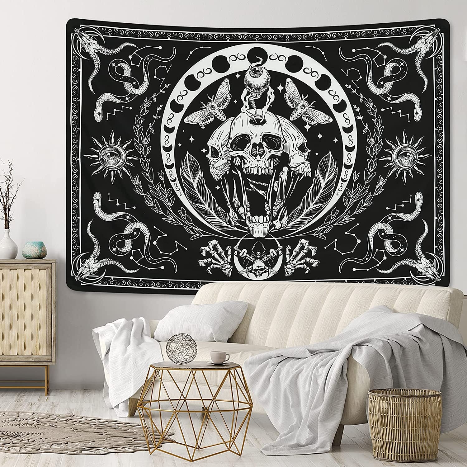 Skull Tapestry Black and White Tapestries Snake Tapestry Moth Tapestry Trippy Skeleton Tapestry Mandala Moon Phase Tapestry Wall Hanging for Room(51.2 X 59.1 Inches)