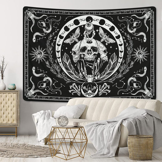Skull Tapestry Black and White Tapestries Snake Tapestry Moth Tapestry Trippy Skeleton Tapestry Mandala Moon Phase Tapestry Wall Hanging for Room(51.2 X 59.1 Inches)