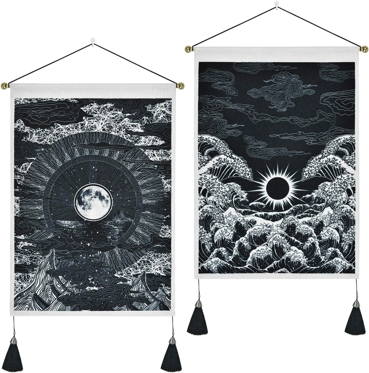 2 Pack Moon and Star Tapestry Great Ocean Wave Tapestry Sunset Tapestry Mountain Tapestry Black and White Art Tapestry Wall Hanging for Room(13.8 X 19.7 Inches)
