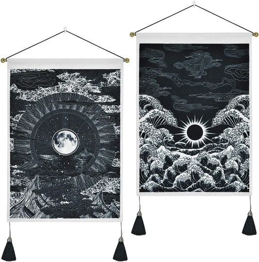 2 Pack Moon and Star Tapestry Great Ocean Wave Tapestry Sunset Tapestry Mountain Tapestry Black and White Art Tapestry Wall Hanging for Room(13.8 X 19.7 Inches)