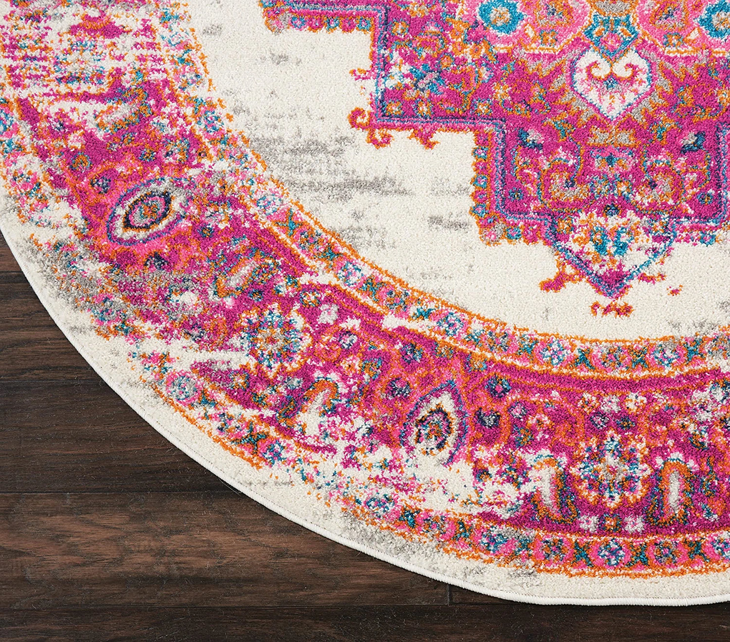 Passion Ivory/Fuchsia 4' X round Area Rug, Boho, Traditional, Easy Cleaning, Non Shedding, Bed Room, Living Room, Hallway, (4' Round)