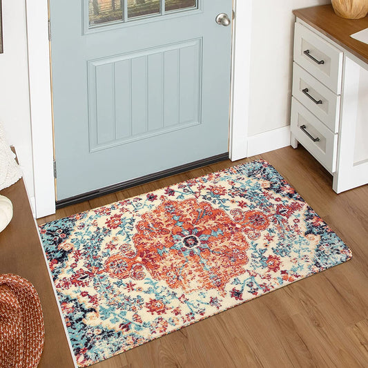 Bohemian Floral Medallion Area Rug - 2X3 Oriental Distressed Small Bath Rug Country Vintage Doormat Faux Wool Non-Slip Washable Low-Pile Carpet for Bathroom Kitchen Laundry Room Decor