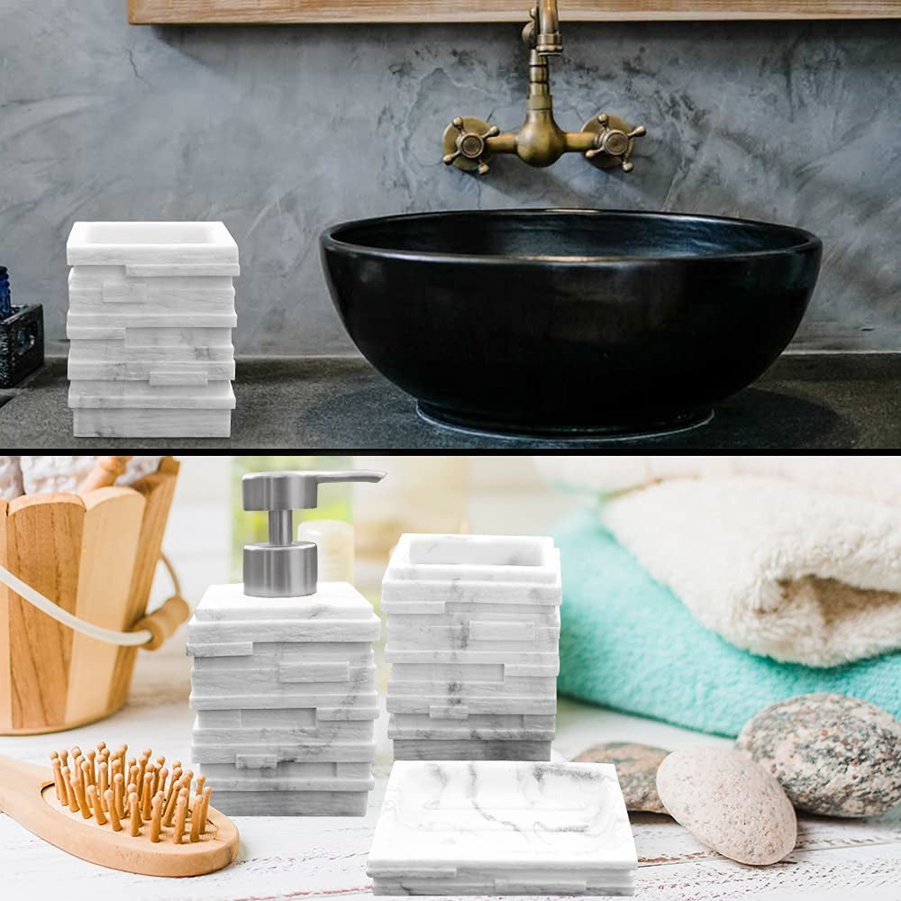 4-Piece Bathroom Accessories Set – Soap Dispenser, Toothbrush & Toothpaste Holder, Soap Dish and Tumbler – Elegant Design with Marble Effect – Durable and Sturdy Bathroom Set
