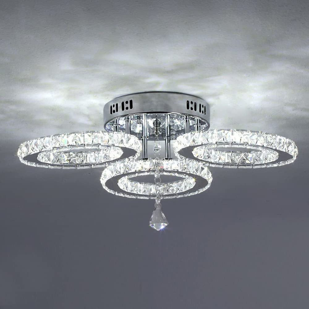 Deckrico Modern Crystal Chandelier Flush Mount Stainless Steel Pendant Ceiling Lamp 3-Rings round LED Light Fixtures for Living Room Bedroom Restaurant Porch Dining Room (Cool White)