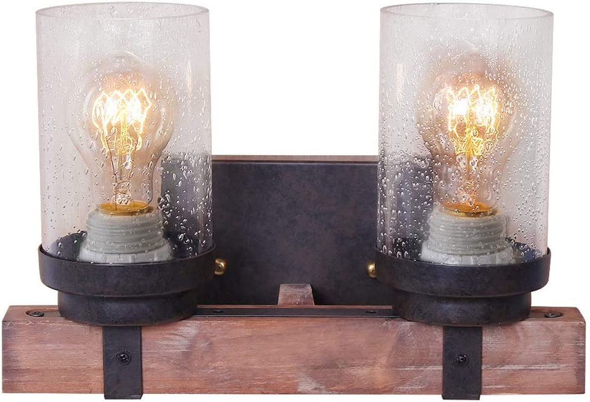 Farmhouse Wall Sconce Light Fixtures Wood Metal 2-Light Bathroom Vanity Lights over Mirror with Bubble Glass Shade for Bedroom,Kitchen,Living Room,Hallway W0019