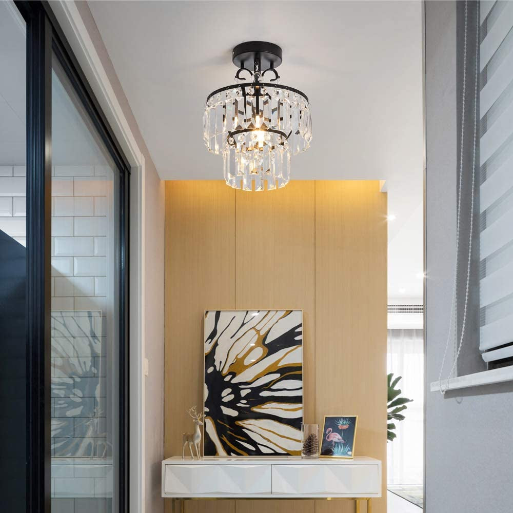 Small Crystal Raindrop Mini Chandeliers Semi Flush Mount Ceiling Light Fixture Small Ceiling Lamp for Hallway Bar Kitchen Dining Room Living Room