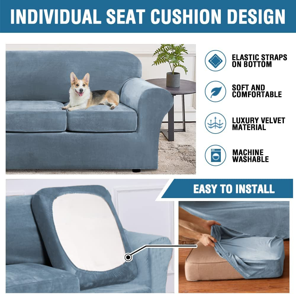 Modern Velvet Plush 4 Piece High Stretch Sofa Slipcover Sofa Cover Furniture Protector Form Fit Luxury Thick Velvet Sofa Cover for 3 Cushion Couch, Machine Washable (Sofa,Stone Blue)