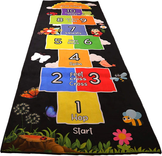 Hopscotch Rug - Kids Rug - Playroom Rug for Kids Room, Daycare, Nursery - Cute Indoor or Outdoor Play Carpet for Children - Fun, Educational Games for Boys & Girls (Black)