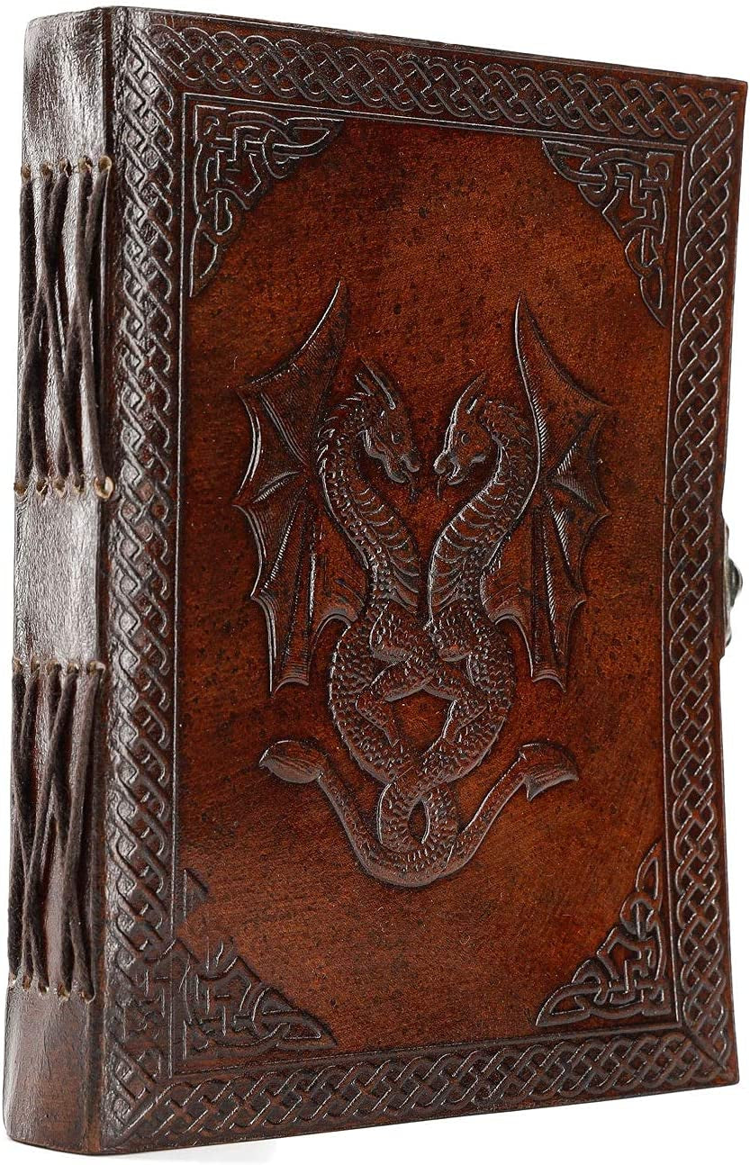 Handmade Leather Double Dragon Journal/Writing Notebook Diary/Bound Daily Notepad for Men & Women Unlined Paper Medium, Writing Pad Gift for Artit, ketch (8 X 6, Brown)