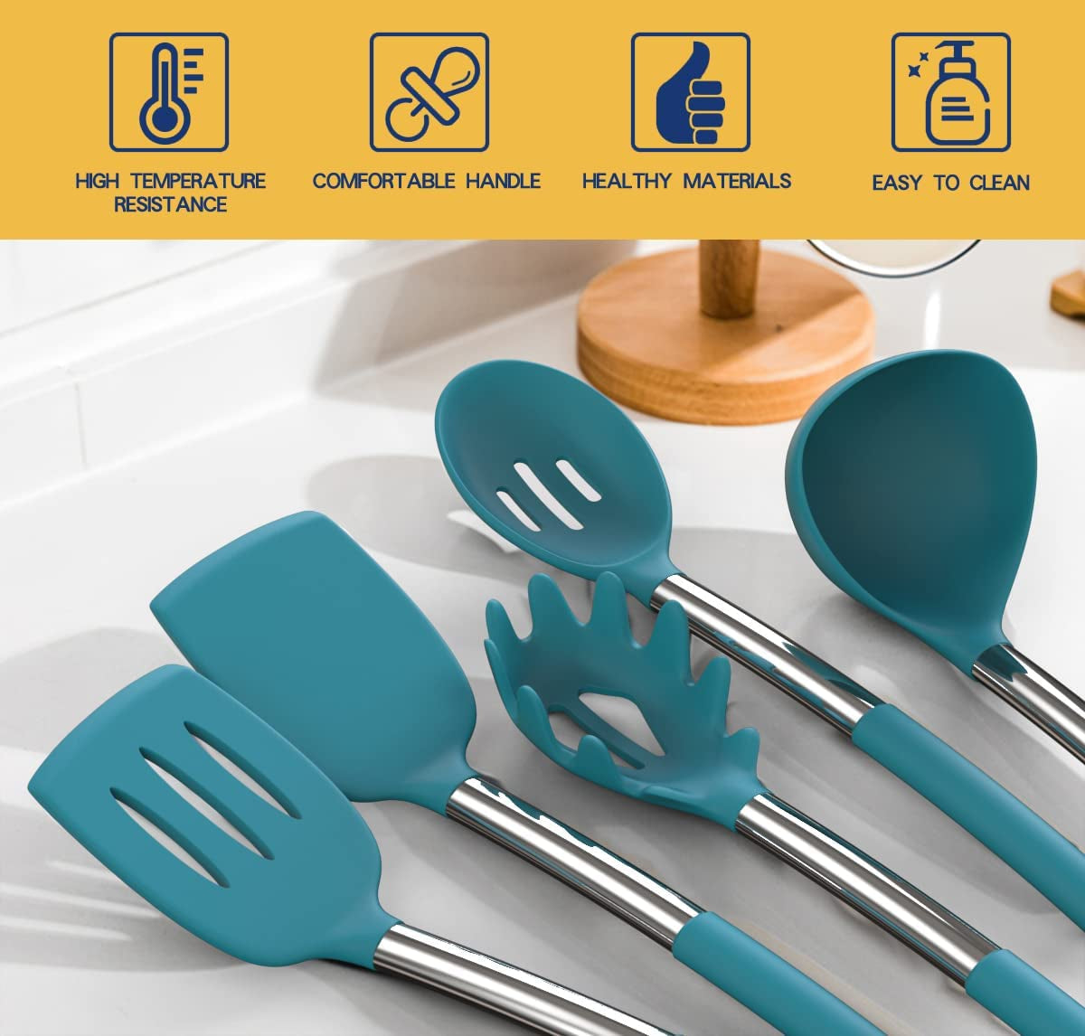 Silicone Cooking Utensil Set,  Non-Stick Kitchen Utensil 24 Pcs Cooking Utensils Set, Heat Resistant Cookware, Silicone Kitchen Tools Gift with Stainless Steel Handle (Blue-24Pcs）